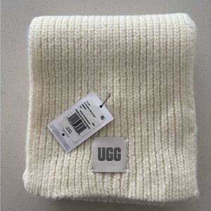 UGG Cream Ribbed Knit Scarf with Logo Patch